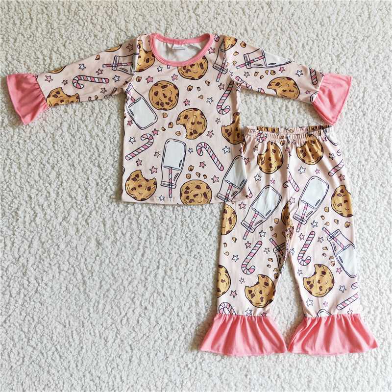 Toddler Girls Milk & Cookies Christmas Collection - Pink Ruffle Flare Pant Set & Classic Red Cuff Sibling Set
