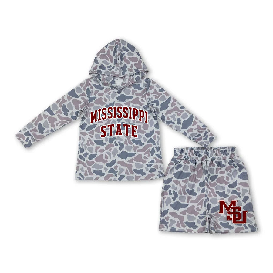 custom moq 5 mix size BAPY01 Baby Kids Camo Print Hooded Long Sleeve Top And Matching Shorts Outfit Set