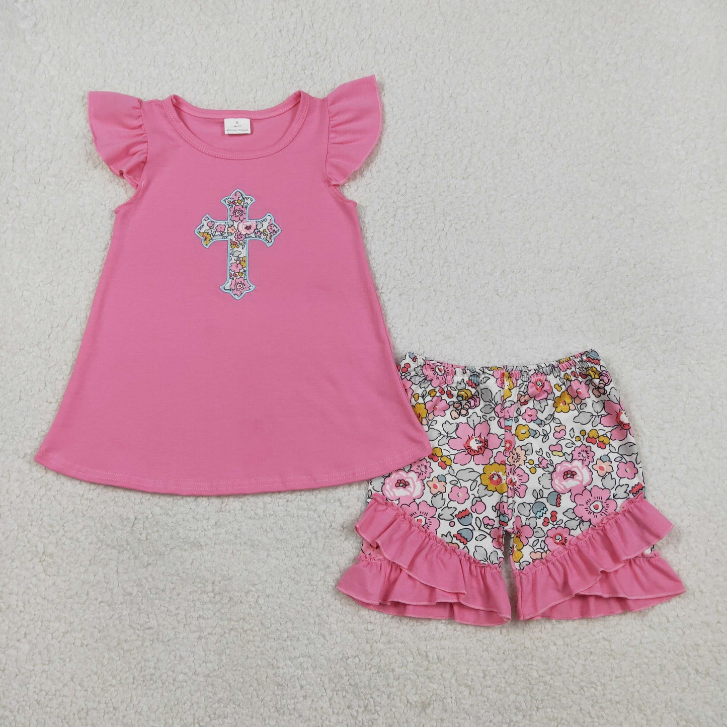 RTS NO MOQ（In Stock) GSSO3069 Embroidered Floral Cross Pink Flutter Sleeve Shorts Set