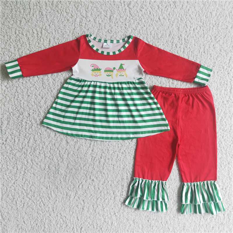 Toddler Girls Christmas Elf Embroidery Collection - Red & Green Stripe Peplum Ruffle Pant Set & Boy Style Stripe Pant Set