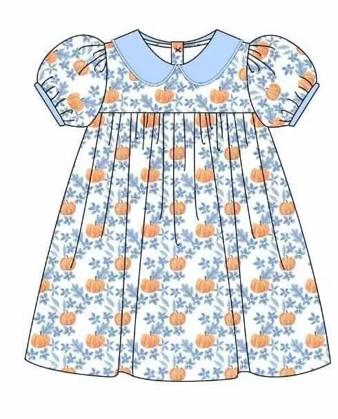 custom moq 5 eta 6-7weeks baby girls clothes pumpkin blue short sleeve dress summer