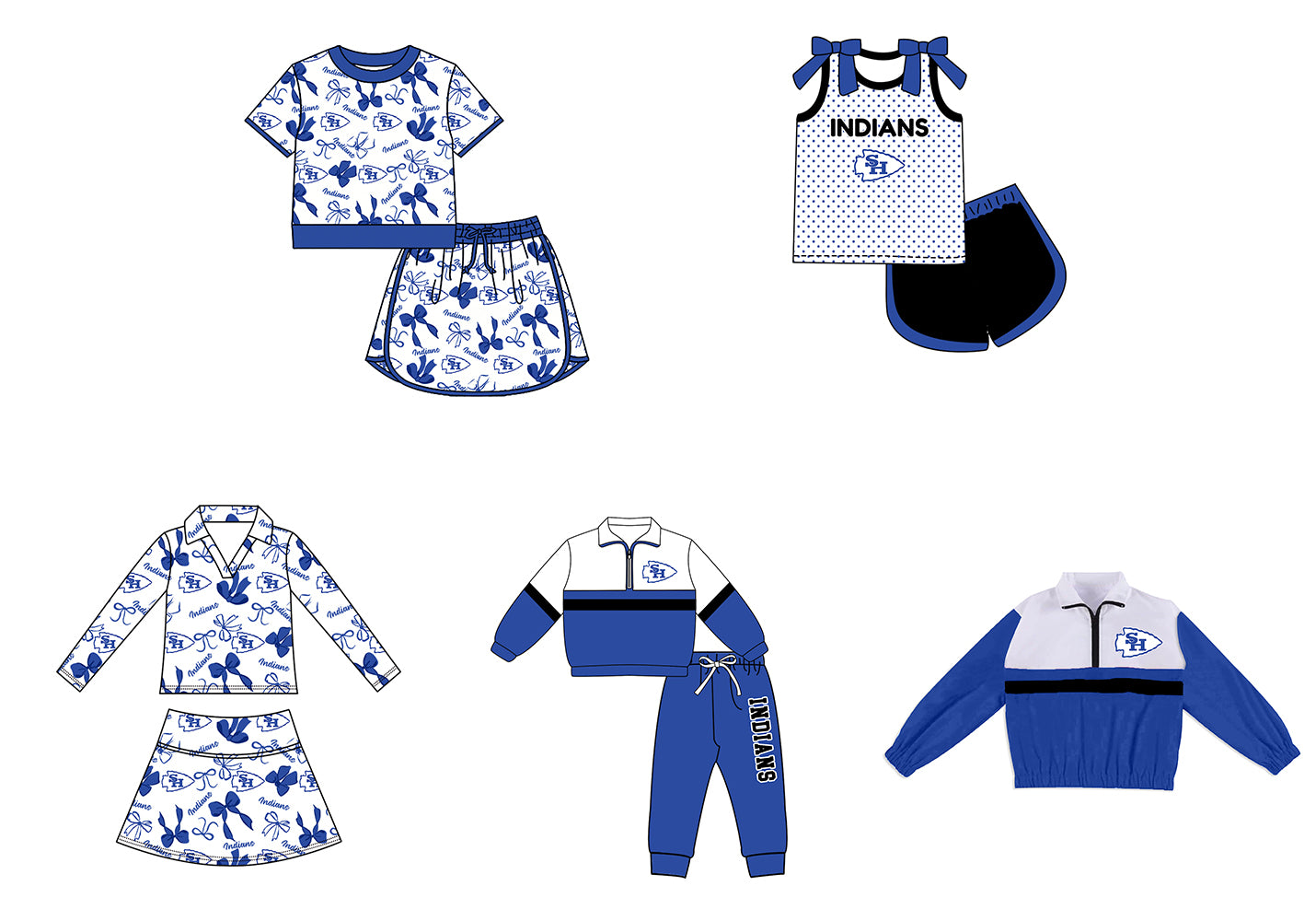 Custom moq 5 mix size milk silk summer teams Girls Blue Polka Dot Top Shorts Set Top Skirt Short Set Zipper Pullover Pants Set