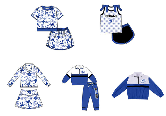 Custom moq 5 mix size milk silk summer teams Girls Blue Polka Dot Top Shorts Set Top Skirt Short Set Zipper Pullover Pants Set