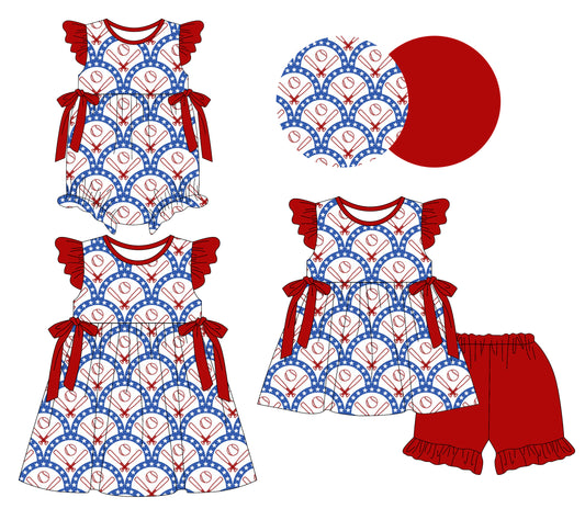 25.12.23 custom each style moq 5 eta 6-8week Sibling Sister baseball baby short sleeve shorts sets and romper and dress match design