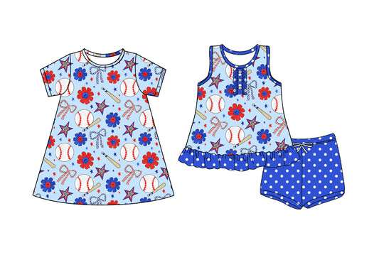 4.4 custom each style moq 5eta 4-6week Sibling Sister baseball bow floral blue baby girl short sleeve shorts sets and dresses match design