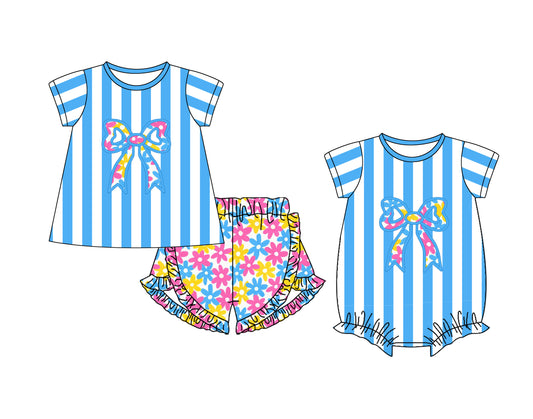 25.11.6 custom each style moq 5 eta 6-8 week Sibling Sister bow floral blue baby girl short sleeve shorts sets and rompers match family design