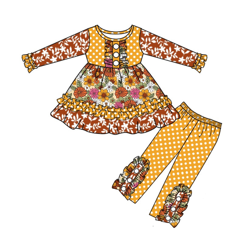 5.9custom each style moq 5eta 4-5week Sibling Sister flower print yellow girls set and baby romper match family design