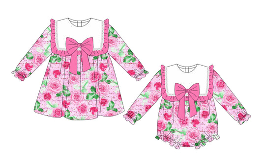 25.10.2 custom each style moq 8 eta 6-8week Sibling Sisters floral baby girl long sleeve dress and rompers match family design