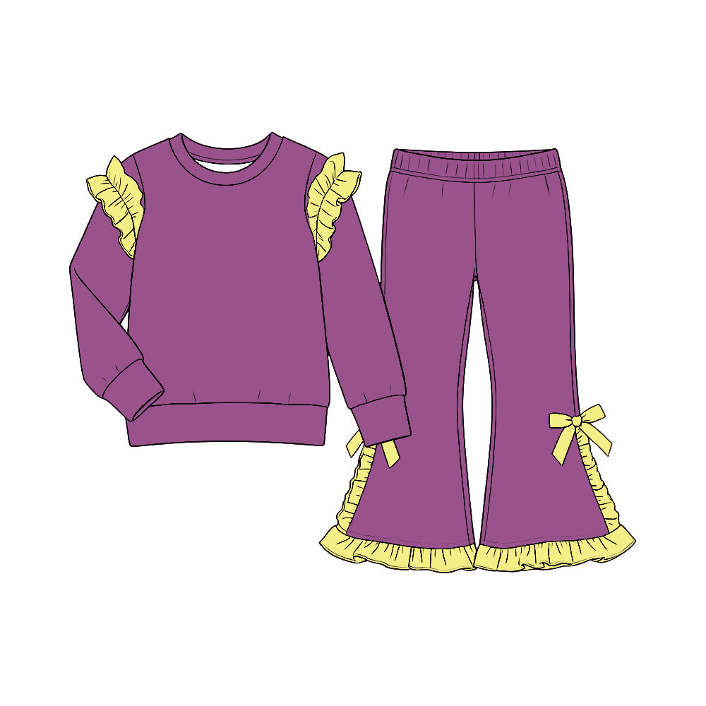 custom moq 5 mix size Baby Girls Purple and Pale Yellow Solid Ruffle Shoulder Sweatshirt And Ruffle Hem Bow Flare Pant Set