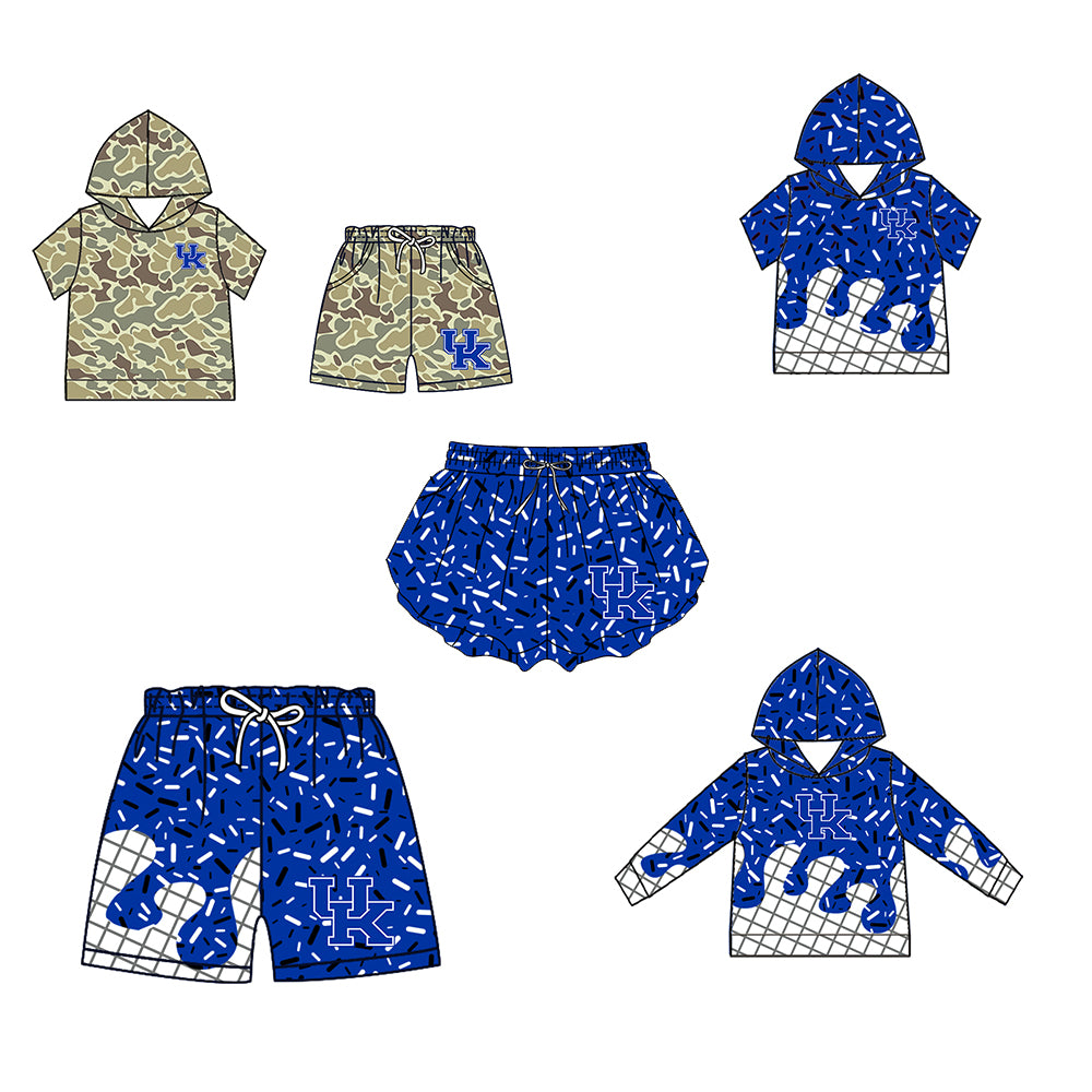 Custom moq 5 mix size milk silk summer teams Baby Camo Hooded Short Sleeve Top and Shorts Set Ice Cream Drips Blue Hooded Top with Matching Shorts