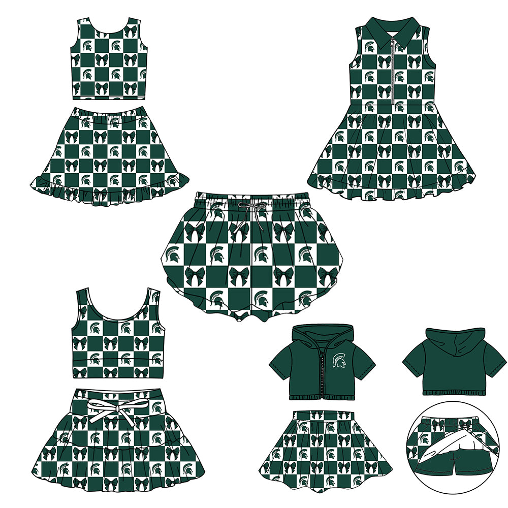 Custom moq 3 or 5 mix size milk silk summer teams baby girl clothes dark green sleeveless skirts sets 3 and dresss and shorts-26.1.21