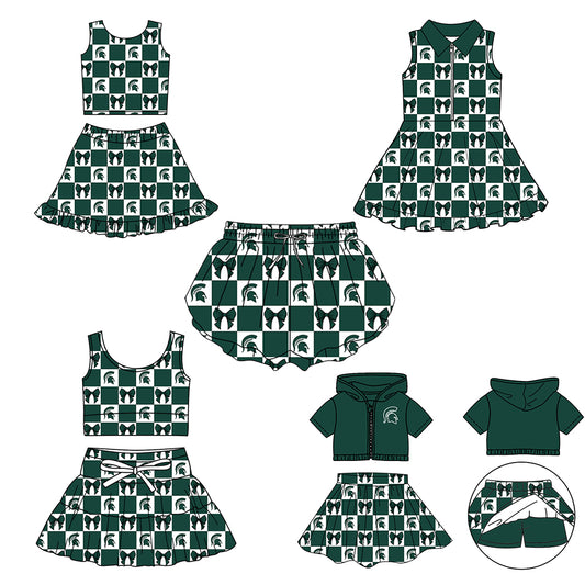 Custom moq 3 or 5 mix size milk silk summer teams baby girl clothes dark green sleeveless skirts sets 3 and dresss and shorts-26.1.21