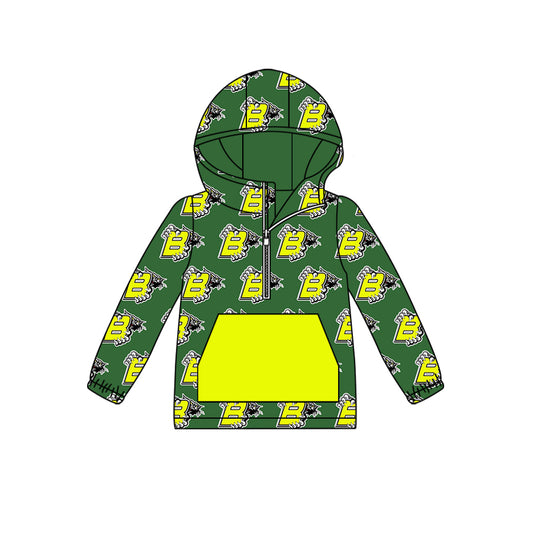 custom moq 3 eta 6-7weeks Green and yellow lettering long sleeve zipper pocket hoodie