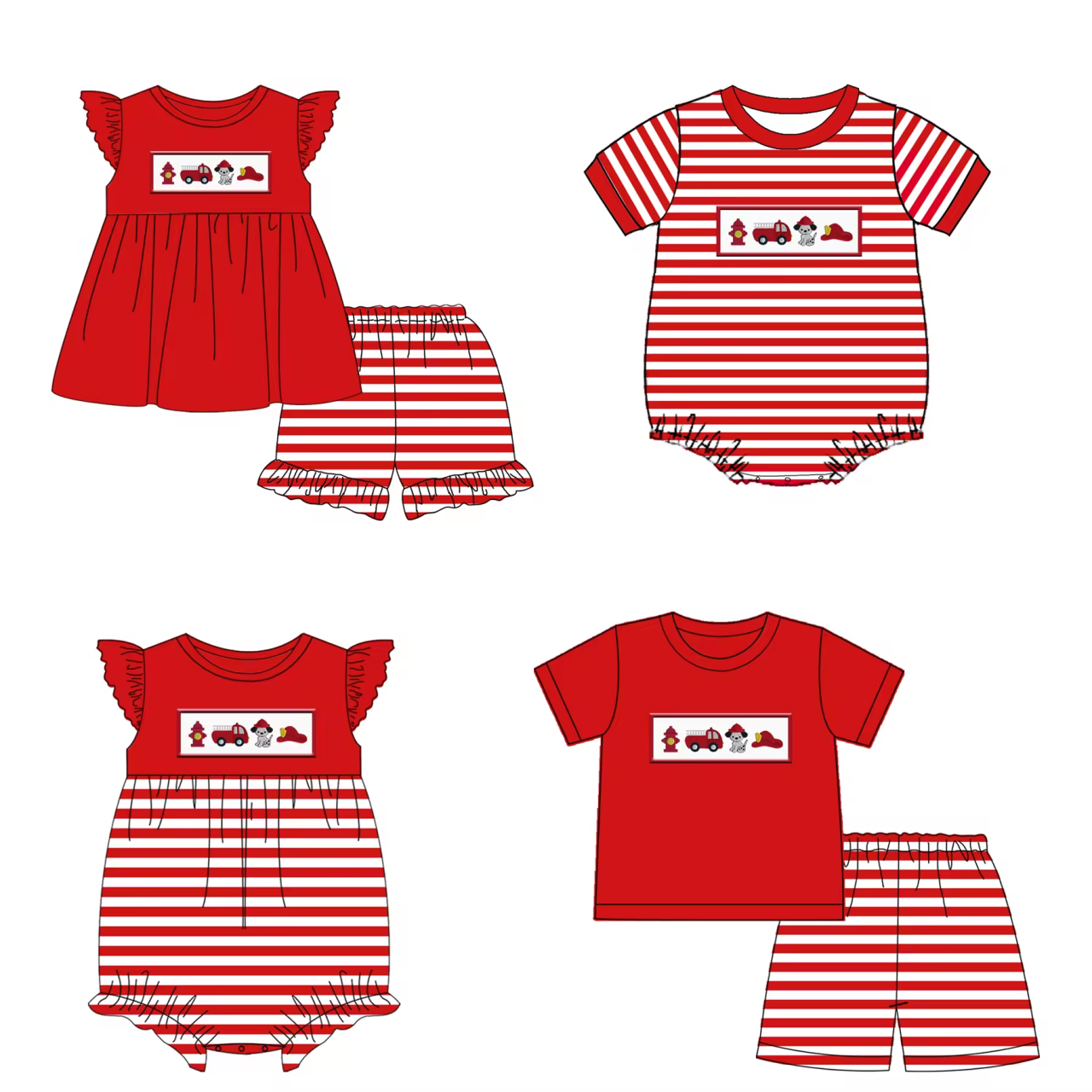 5.21custom each style moq 5eta 4-5week Sibling Sister Fire series print red girls and boys outfits and baby romper match family design