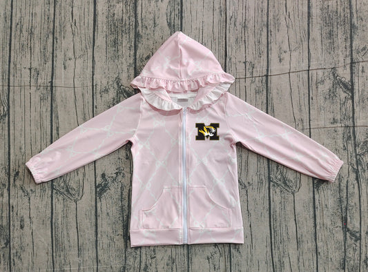 Custom moq 5 mix size milk silk baby girls clothes team summer lace bow pink zipper hooded long sleeve top-25.11.22
