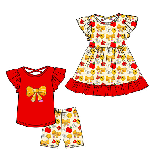 25.12.24 custom each style moq 5 eta 6-8week Sibling Sister pencil bow smiley baby short sleeve shorts sets and dress match design