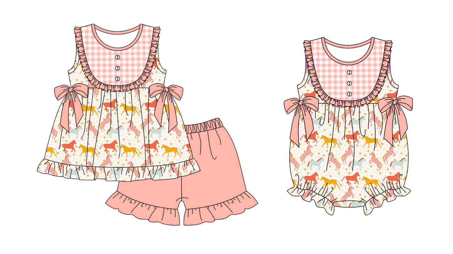 11.19 custom each style moq 5eta 4-6week Sibling Sister horse baby girl short sleeve shorts sets and rompers match design