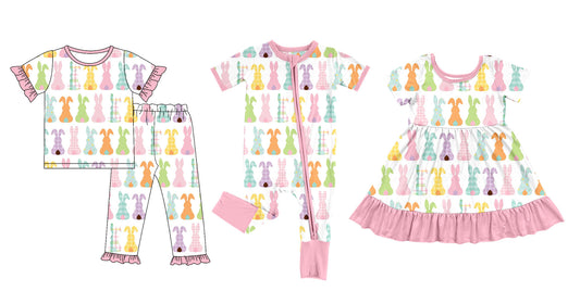 25.10.1 custom each style moq 8 eta 6-8week Sibling Sisters easter bunny baby girl short sleeve pants sets and dress and rompers match family design