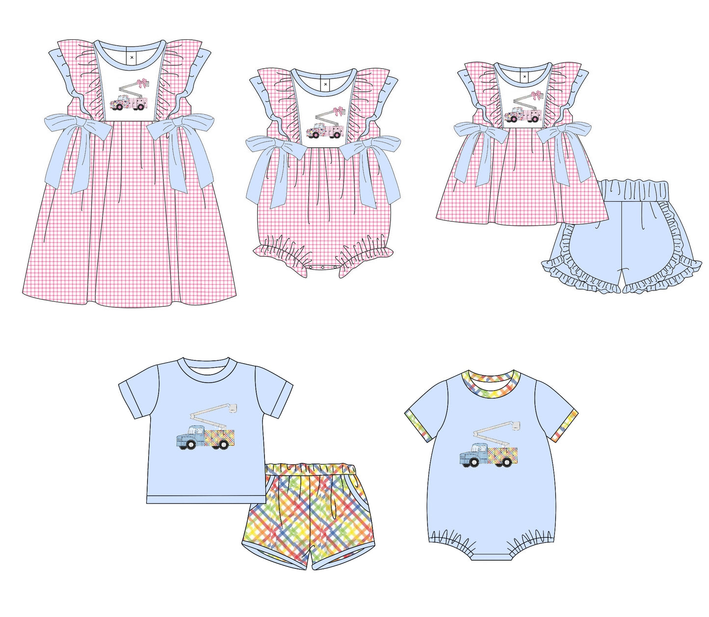 11.9 custom each style moq 5eta 4-6week Sibling Sister pink baby girl short sleeve shorts sets 1 and  sets 2 and girls romper and boy romper and dress match design