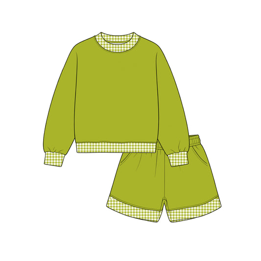 Custom moq 5 girls  Blank Cotton Fabric Sweatshirt Shorts Set Mustard green sweatshirt and shorts set