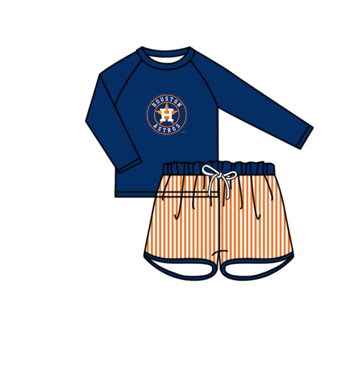 Custom moq 5 mix size milk silk summer teams baby girl boys clothes Navy Blue Two-Piece Swimsuit Set One Piece Swimsuits boy swim trunks