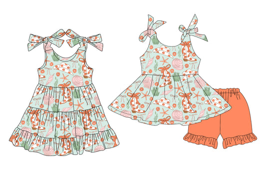 4.3 custom each style moq 5eta 4-6week Sibling Sister boot bow hat baby girl short sleeve shorts sets and dresses match design