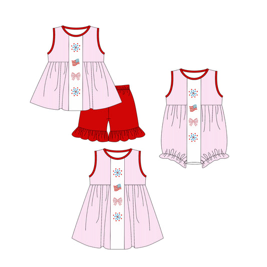 25.12.13 custom each style moq 5 eta 6-8week Sibling Sister flag bow baby short sleeve shorts sets and romper and dress match design