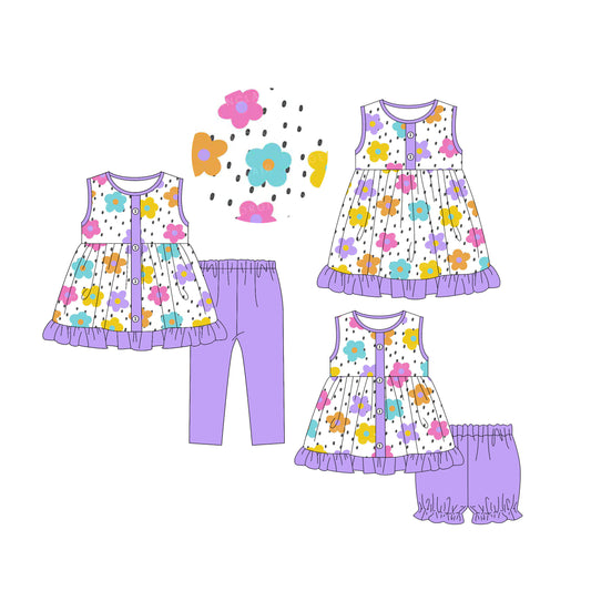5.5 custom each style moq 5eta 4-6week Sibling Sisters floral baby short sleeve shorts sets and pants sets and dress match family design