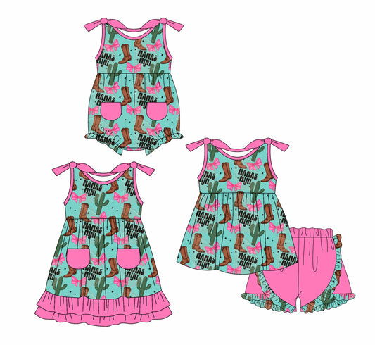 4.21 custom each style moq 5eta 4-6week Sibling Sisters MAMA GIRL boot catcus bow baby girl short sleeve shorts sets and dress and rompers match family design