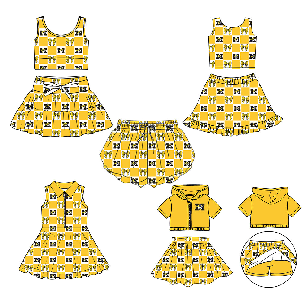 Custom moq 3 or 5 mix size milk silk summer teams baby girl clothes yellow sleeveless skirts sets 3 and dresss and shorts-26.1.19
