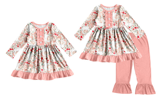 25.8.28 custom each style moq 5eta 4-6week Sibling Sisters Christmas floral baby girl long sleeve pants sets and dress match family design