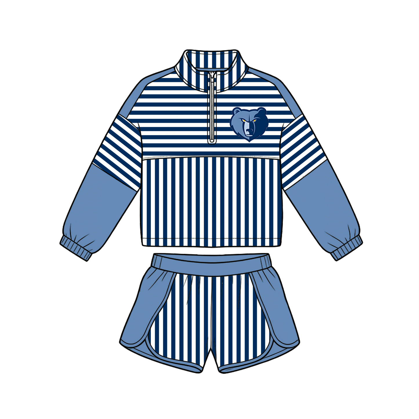 custom moq 5 mix size MSD072306 Baby Girls Stripe Zip Pullover Long Sleeve Team Top Shorts Sets