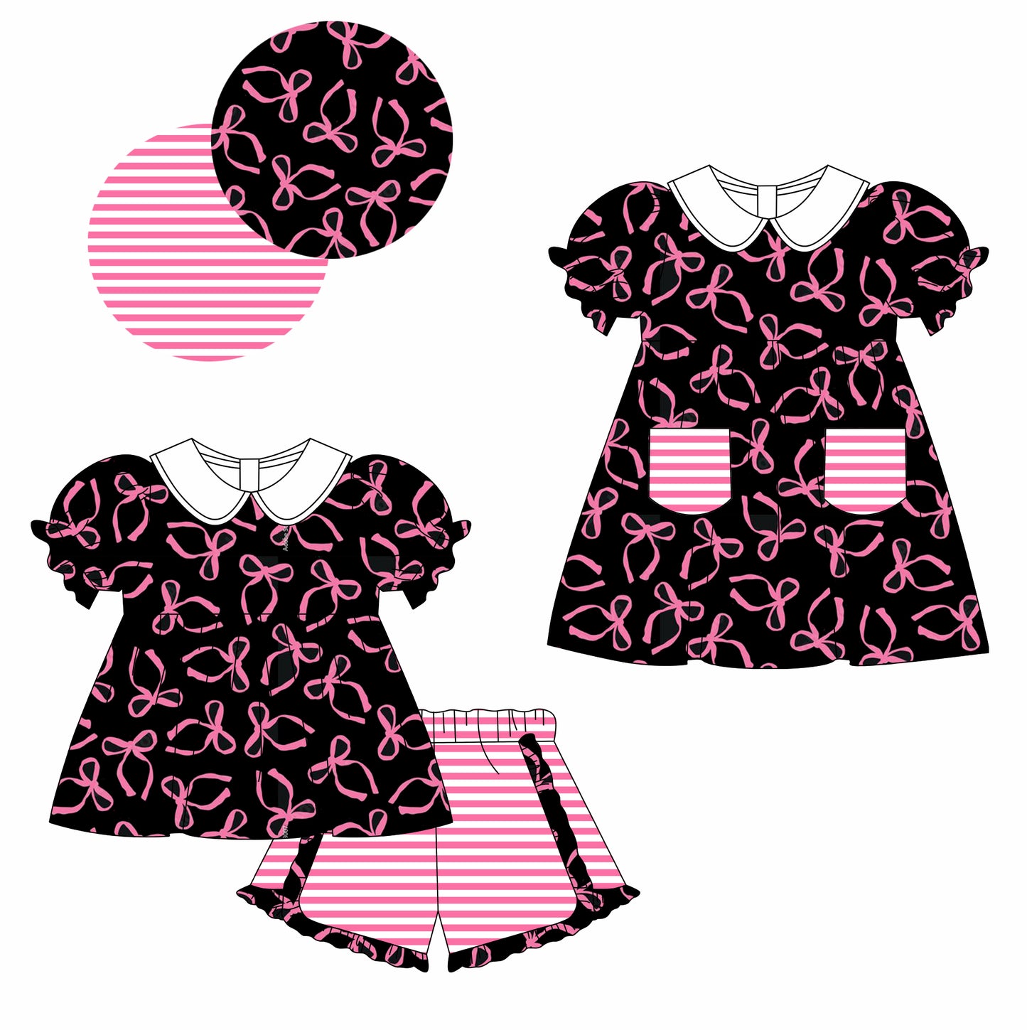 11.29 custom each style moq 5eta 4-6week Sibling Sister bow baby girl short sleeve shorts sets and dresses match design