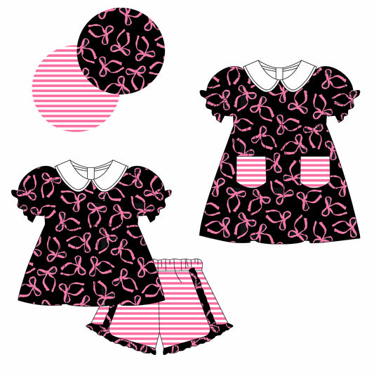 11.29 custom each style moq 5eta 4-6week Sibling Sister bow baby girl short sleeve shorts sets and dresses match design