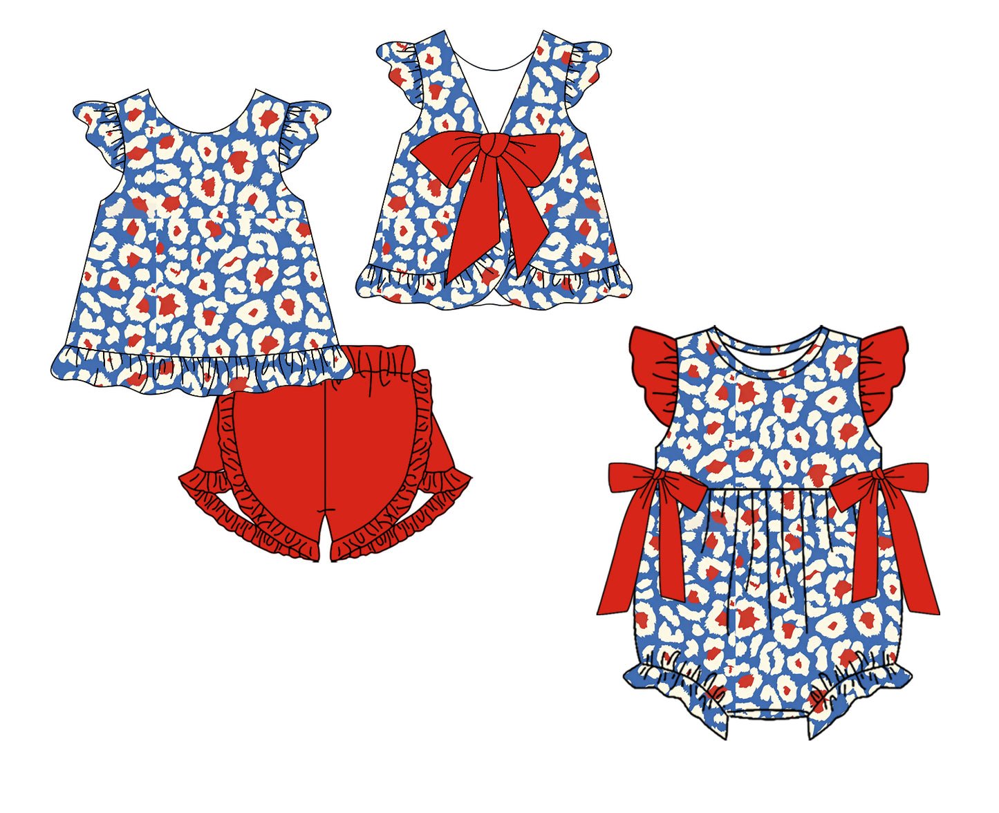 Custom moq 5 mix size Sibling Baby Girls Leopard Print Short-Sleeved Romper Top And Shorts Set