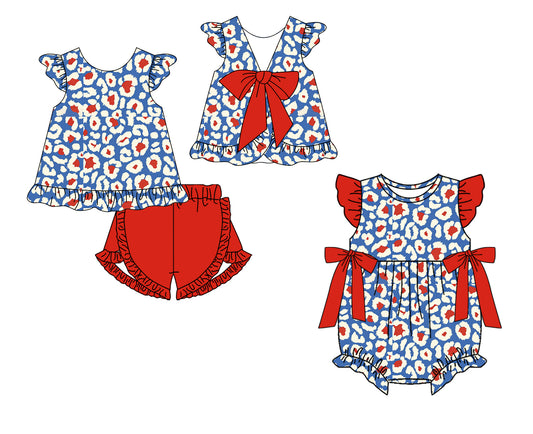 Custom moq 5 mix size Sibling Baby Girls Leopard Print Short-Sleeved Romper Top And Shorts Set
