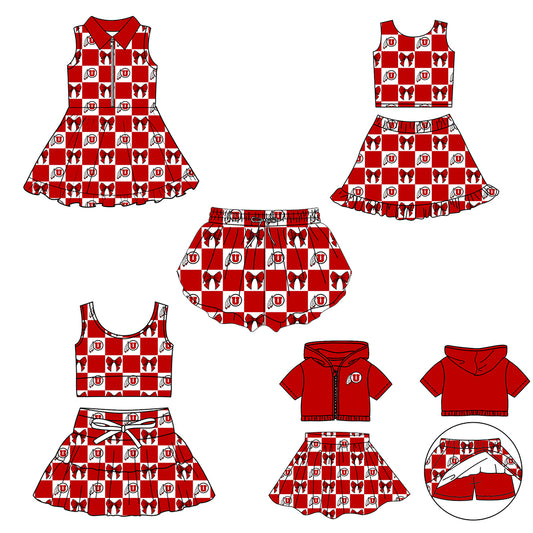 Custom moq 5 mix size Milk silk summer girls' three-piece set with letter bow print plaid sleeveless skirt including a dress and shorts