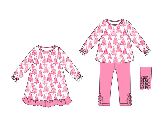 25.6.7 custom each style moq 5eta 4-6week Sibling Sisters Christmas trees pink baby girl long sleeve pants sets and dress match family design