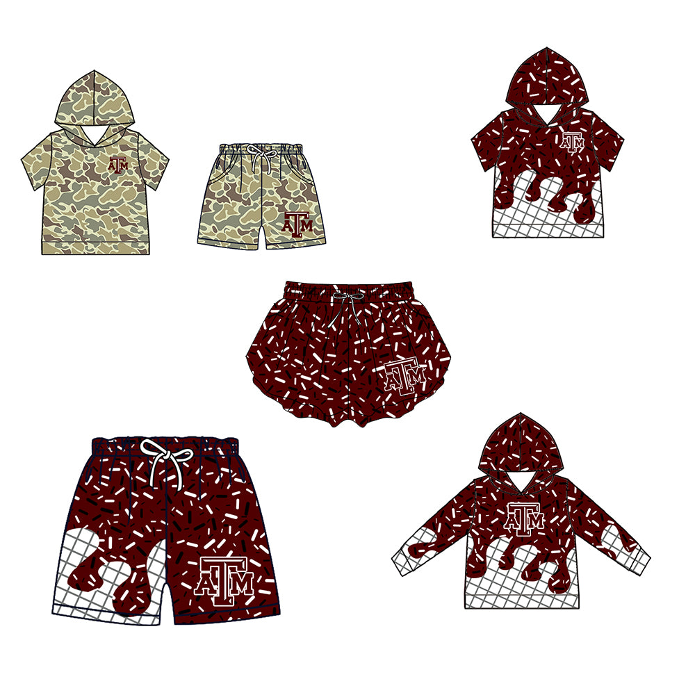 Custom moq 5 mix size milk silk summer teams Baby Camo Hooded Short Sleeve Top and Shorts Set Dark Red Ice Cream Drips Hooded Top with Matching Shorts