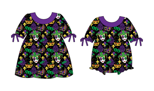 25.10.3 custom each style moq 8 eta 6-8week Sibling Sisters mardi gras baby girl short sleeve dress and rompers match family design