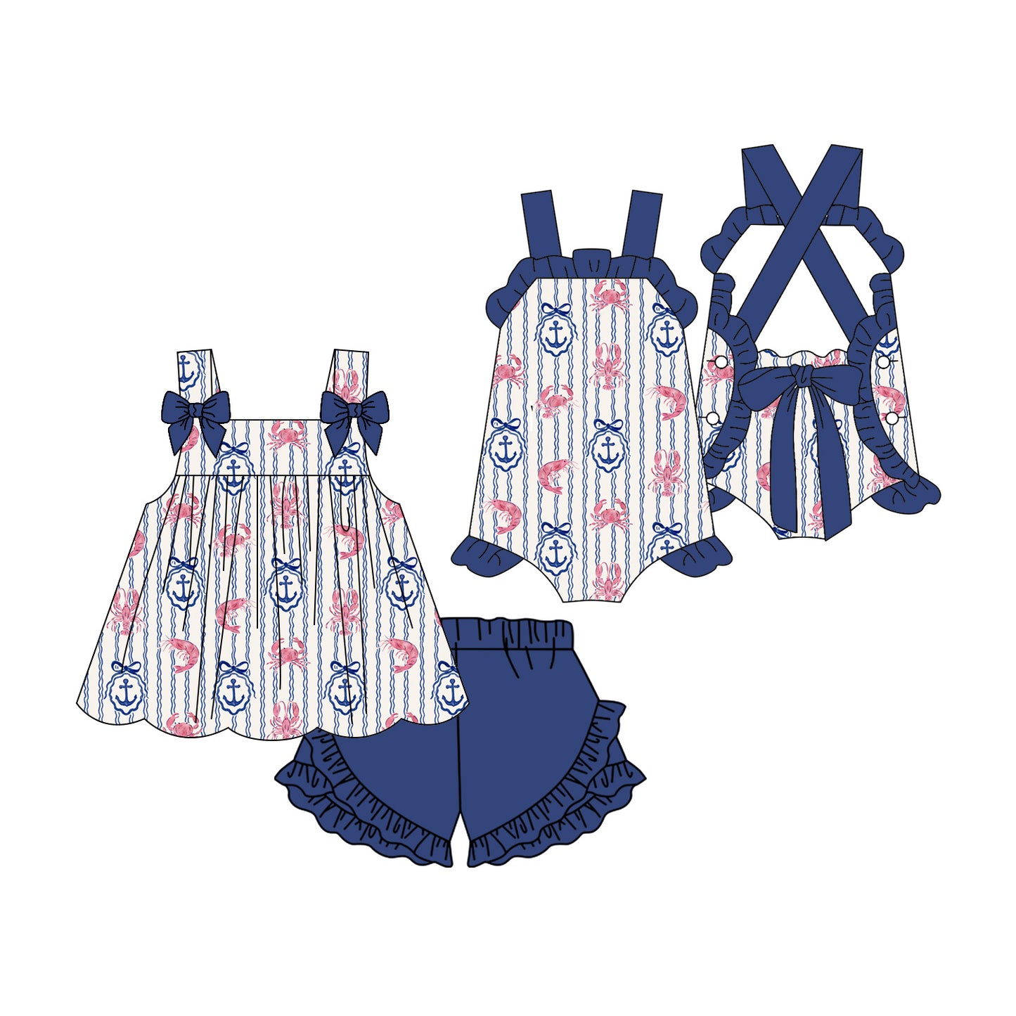 3.3 Custom moq 5 mix size Sibling Baby Girl's Sleeveless Top And Navy Blue Shorts Set Cute Romper for Summer