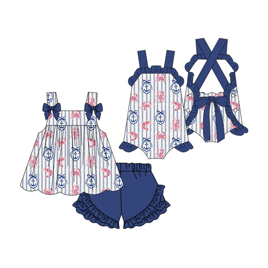 3.3 Custom moq 5 mix size Sibling Baby Girl's Sleeveless Top And Navy Blue Shorts Set Cute Romper for Summer