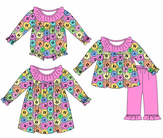 25.7.5 custom each style moq 5eta 4-6week Sibling Sisters baby girl long sleeve pants sets and dress and rompers match family design