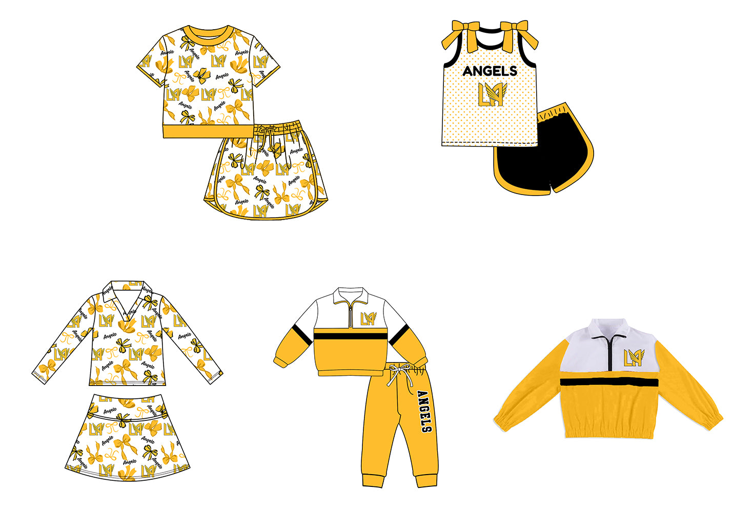 Custom moq 5 mix size summer teams Girls Polka Dot Top Shorts Set Yellow Top Skirt Short Set Zipper Pullover Pants Set