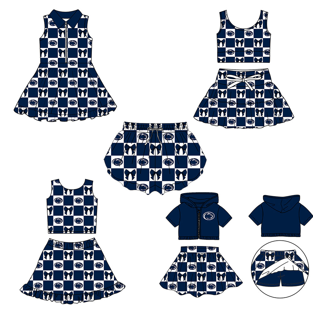 Custom moq 3 or 5 mix size milk silk summer teams baby girl clothes bow dark blue sleeveless skirts sets 3 and dresss and shorts-26.1.23