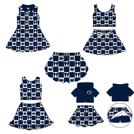 Custom moq 3 or 5 mix size milk silk summer teams baby girl clothes bow dark blue sleeveless skirts sets 3 and dresss and shorts-26.1.23
