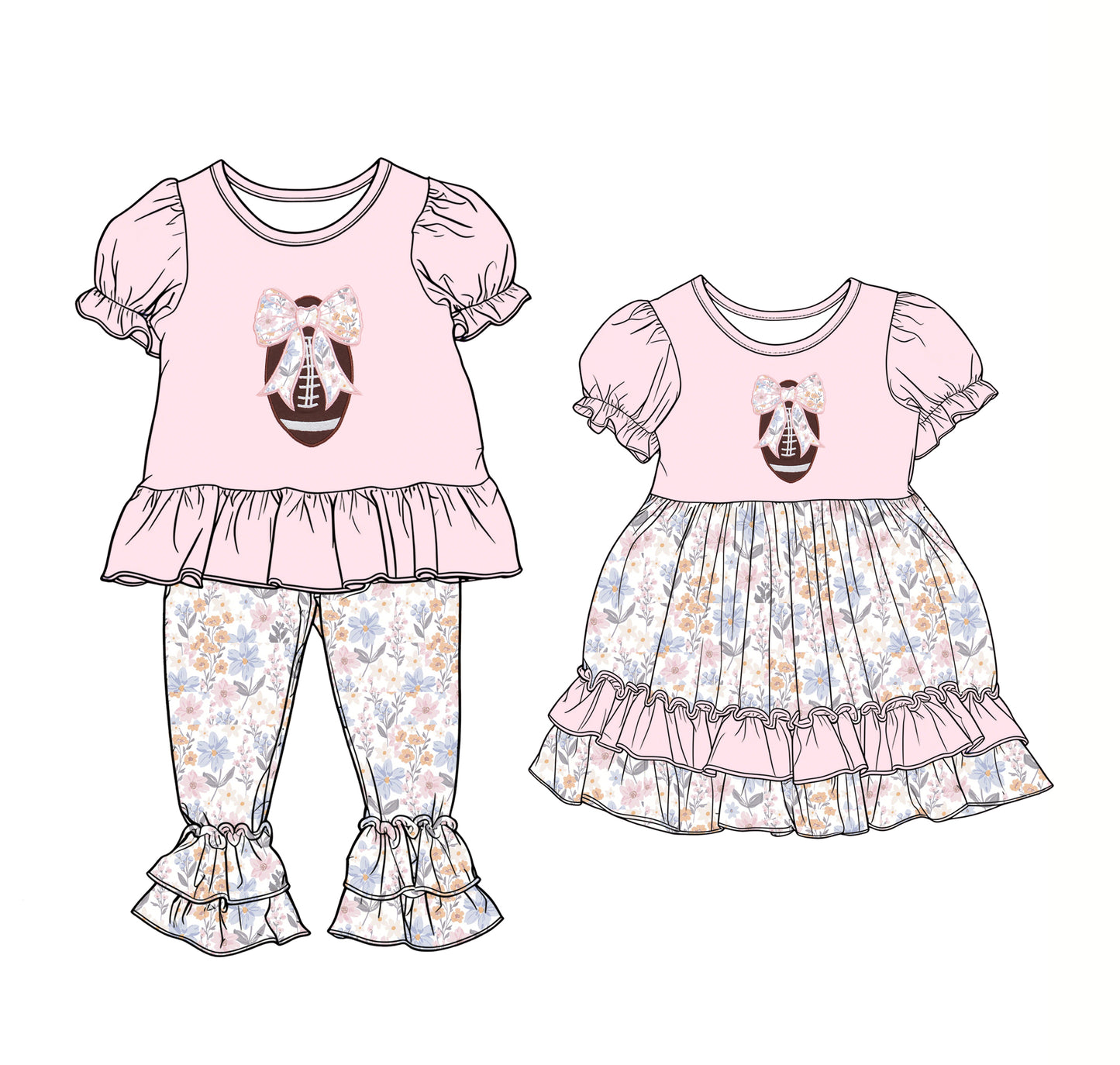 25.12.11 custom each style moq 5 eta 6-8week Sibling Sister rugby bow floral baby short sleeve pants sets and dress match design