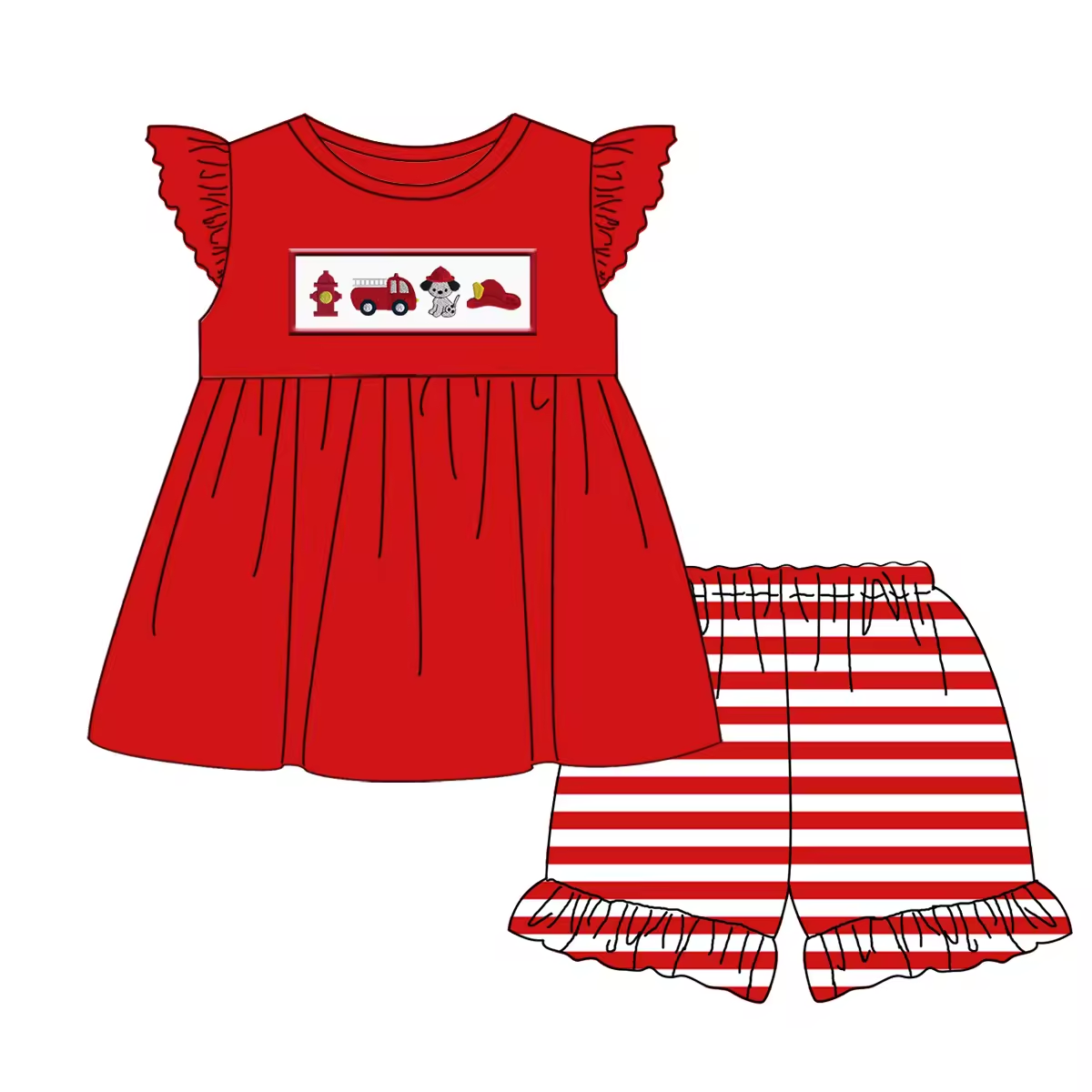 5.21custom each style moq 5eta 4-5week Sibling Sister Fire series print red girls and boys outfits and baby romper match family design