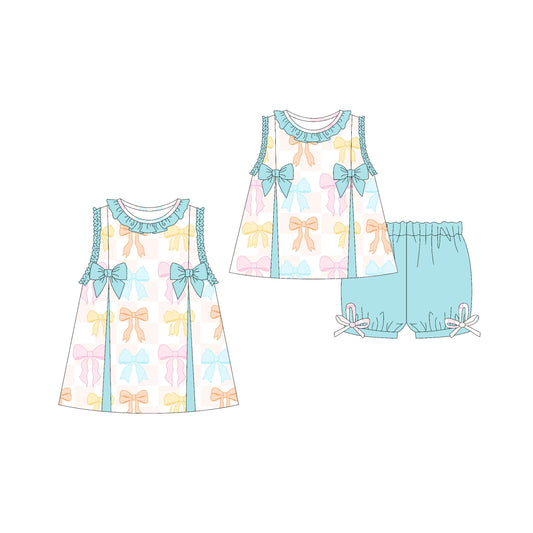 3.21 custom each style moq 5eta 4-6week Sibling Sister bow baby girl short sleeve shorts sets and dresses match design