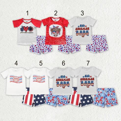 RTS NO MOQ Sibling Baby Girls 4th of July Outfit Set Top with Denim Pockets Shorts Clothing